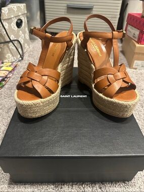 Saint Laurent Tan Leather Woven Espadrille Wedge Sandals